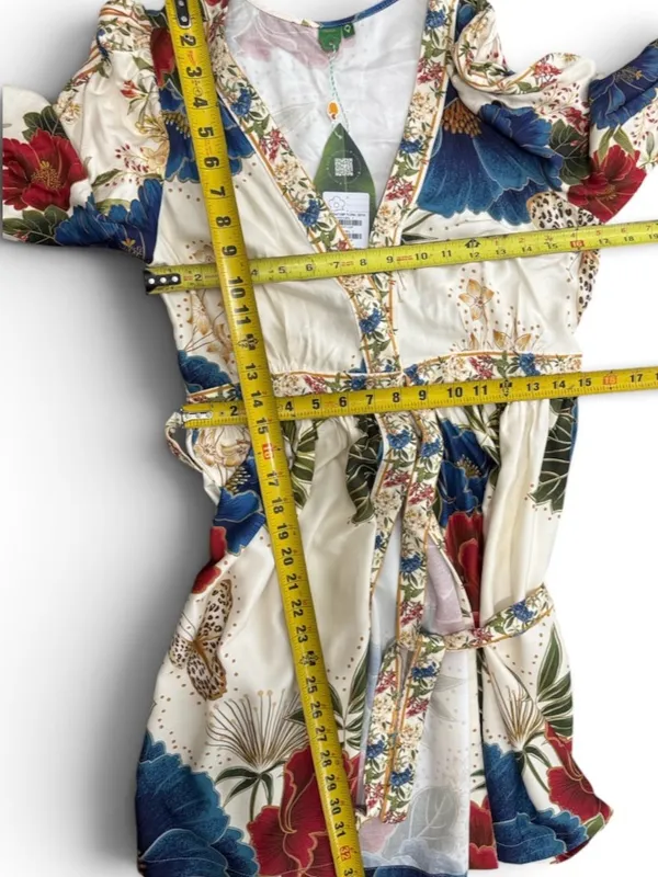 Farm Rio Floral Wrap Midi Dress in Cream with Blue & Red Blooms Size Small - Image 14