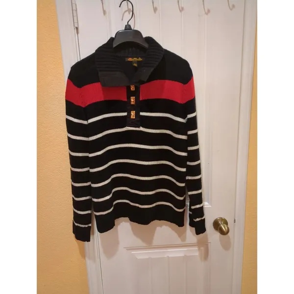 Ralph Lauren LRL Shawl Collar Sweater L Nautical Cotton Black Red Gold Buttons - Image 5