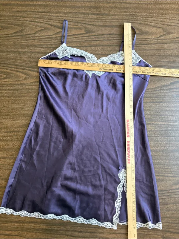 Victoria's Secret VINTAGE Medium Purple Satin Slip Dress with White Lace Trim - Image 5