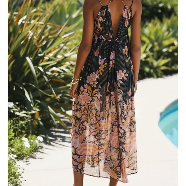 Anthropologie Cutout Maxi Dress Sheer Black Motif Size‎ XS Cover Up Boho - Image 5