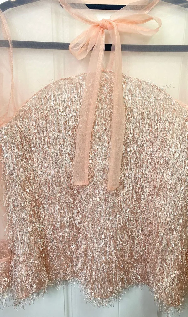 Blush Pink Contrast Mesh Tie Neck Shaggy Fringe Blouse - Image 7
