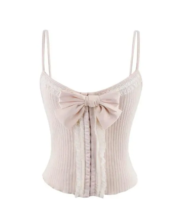 Japanese Kawaii Style Pastel Pink White Ruffle Stretchy Bow Ribbon Tank Top - Image 3