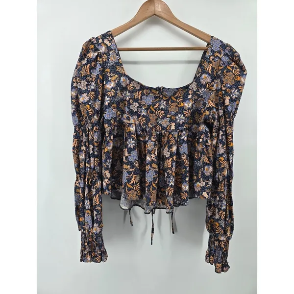 Topshop Blouse Womens 10 Blue Floral Boho Square Neck Puff Sleeve‎ Tie Front Zip - Image 3