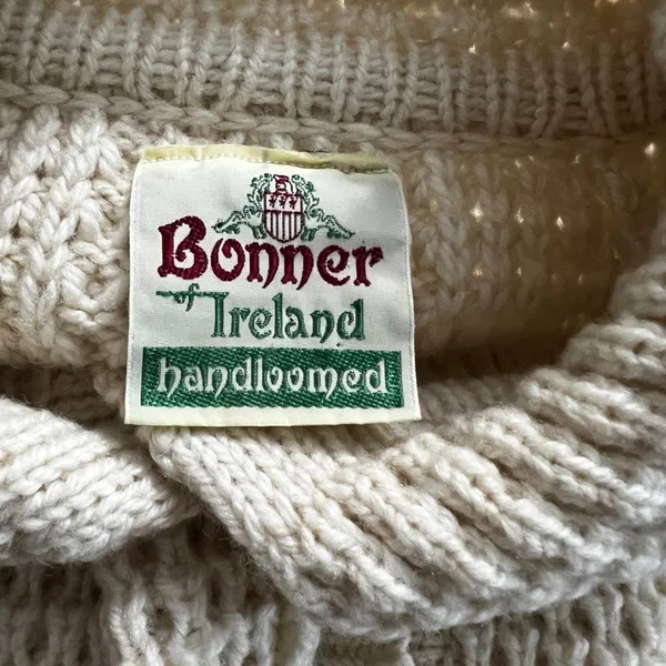 Bonner of Ireland Handloomed 100% Wool Aran Cable Knit Cardigan Cream XL - Image 5