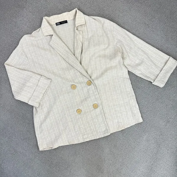 Zara Crinkled Look Slouchy‎ Blazer Tan Medium Linen Blend Double Breasted - Image 13
