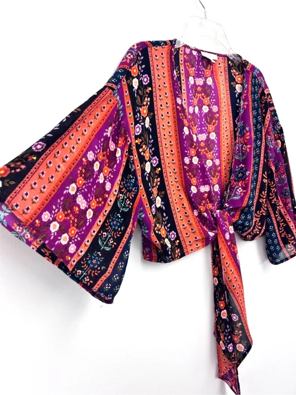 PATRONS OF PEACE by Anthropologie, boho floral, front tie shrug, size M - Image 7