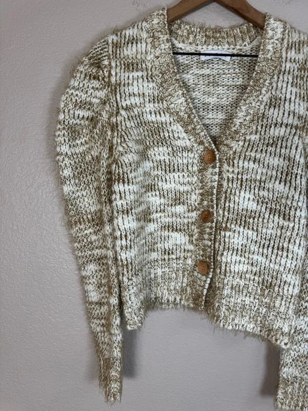 Jacquie The Label V Neck Puff Sleeve Fiora Cardigan Knit Sweater Small Tan Fawn - Image 8
