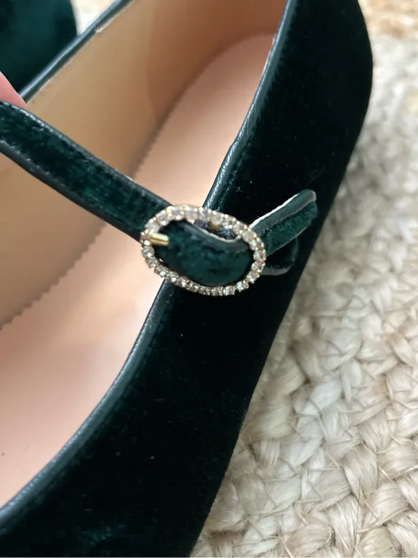 J. Crew Forest Green Velvet Anya Mary Jane Flats with Rhinestone Buckle Size 6 - Image 9