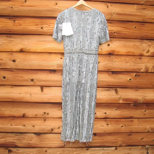 Mac Duggal 5980 Blue High Neck Short Sleeve Crystal Fringe Column Dress - Image 11