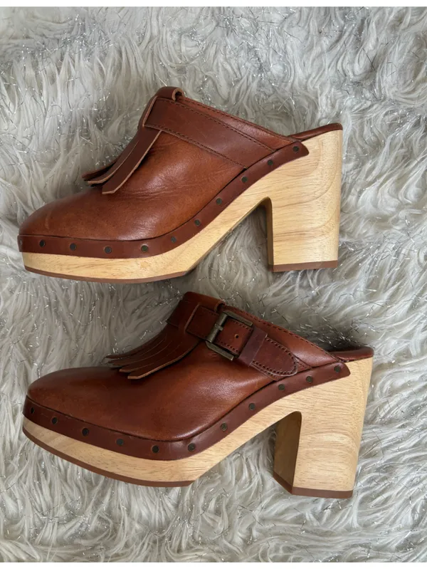 Madewell Brown Women’s Leather Fringe Mule Clogs Wooden Block Heels Size 7.5 - Image 2
