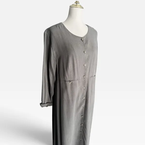 Vintage 90s Nordstrom Tencel Maxi Dress XL Button Front Pockets Taupe - Image 2