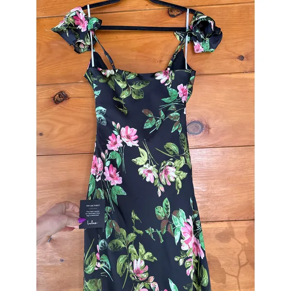 NWT Lulus Captivating Grace Black Floral Satin Ruffled Maxi Dress Cruise Gala S - Image 8