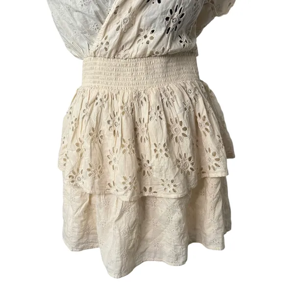 AE Cottagecore BOHO Eyelet Lace Ruffle Tiered Smocked Wrap Mini‎ Dress Size M - Image 12