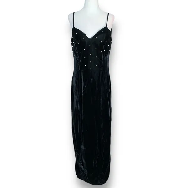 Vintage‎ Black Velvet Pearl Beaded Maxi Slip Dress 90s Formal Evening Size 10 - Image 2