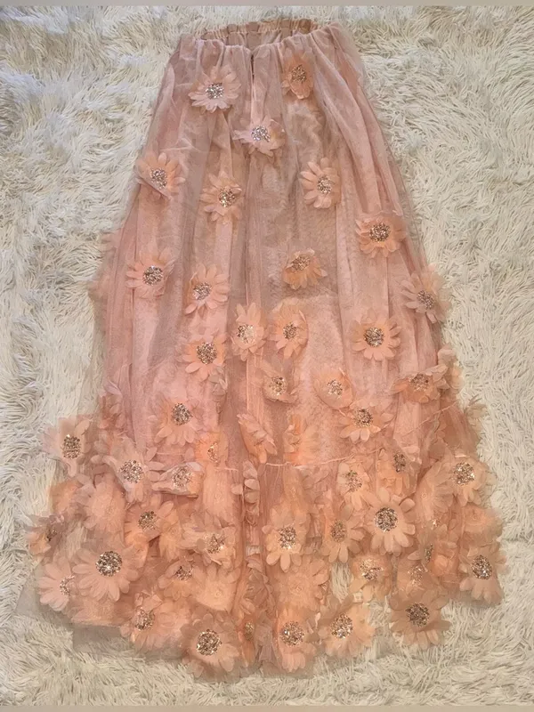 NEW HELSI Athena Bead & 3D floral Appliqué Strapless Mesh Pink Pearl Gown sz S - Image 8