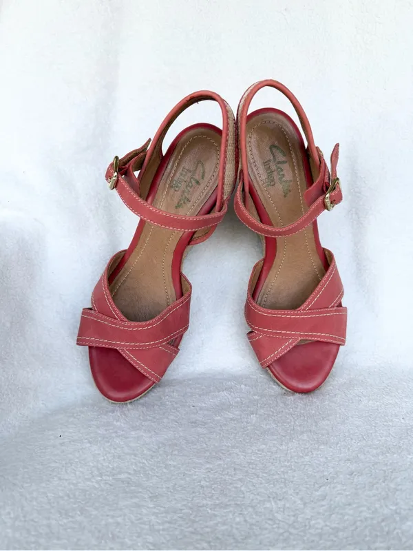 Clarks Coral /Beige Leather Wedge Espadrille Sandals Ankle Strap Buckle 6.5 - Image 4