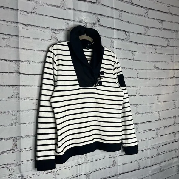 Lauren Ralph Lauren Striped Cowl Neck Sweater White & Black Sz L Cotton Knit Y2K - Image 2
