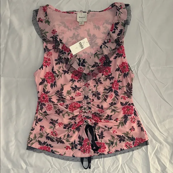 Anthropologie’s Maeve New Tie Front Floral Ruffle Lace V-Neck Pink Women's Top - Image 15