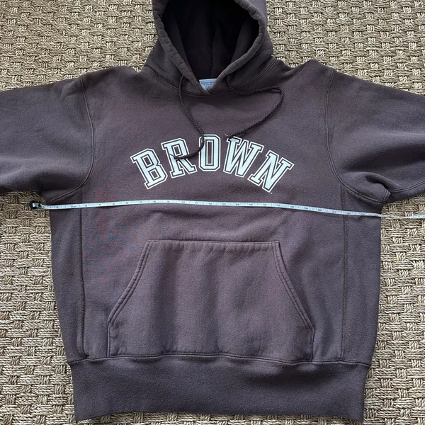 Vintage Brown University Graphic Print Fleece Pullover Hoodie Pockets Brown M - Image 5