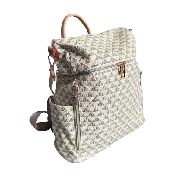 Geometric Print Convertible Backpack Bag Travel Tote Cream Taupe - Image 2