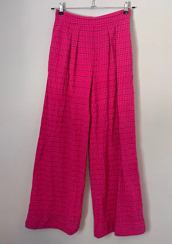 Anthropologie High Rise Pleated Wide Leg Pants Full Length Pink Plaid Size 4 - Image 2