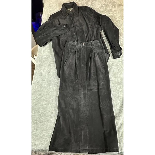Genuine Leather Suede Black Long Skirt & Button Top Suit Set Matching VTG - Image 2
