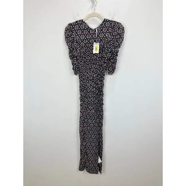 Free People Brielle Midi Dress Mesh Ruched Floral Side Slit Black Combo XS NWT - Image 4