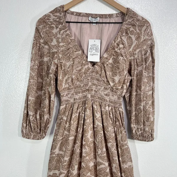 Nations of Peace Paisley‎ Maxi Dress Womens XS Brown Cotton Smocked Boho Tiered - Image 9