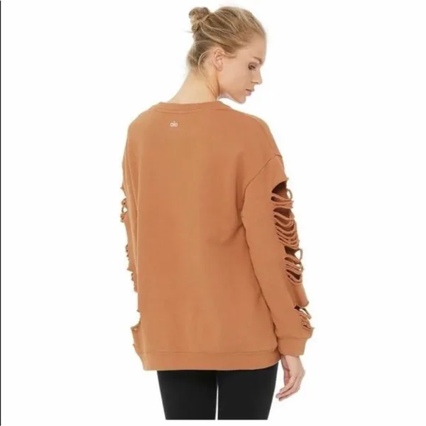 ALO Yoga Fade Distressed Pullover Crewneck Sweatshirt Womens Small Tan - Image 3