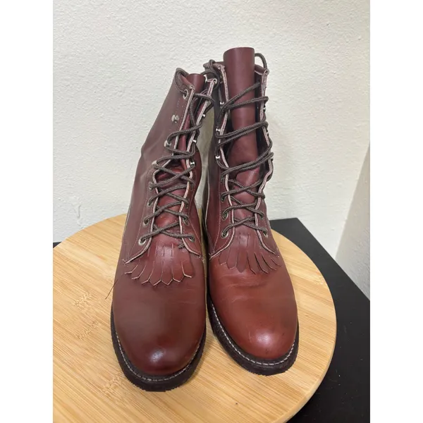 Vintage Justin Boots Womens 8‎ B Burgundy Kiltie Lace Up Roper Boots Leather USA - Image 2