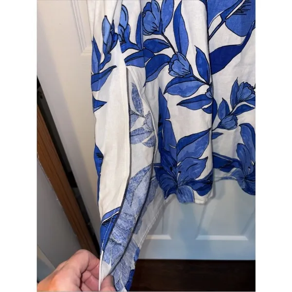 Calypso St Barth Linen Blend Smocked Back‎ Midi Dress Blue White Tropical Size S - Image 15