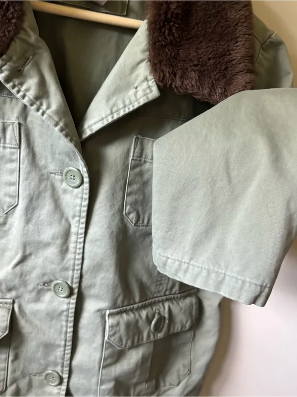 Olive Green Cotton Jacket with Brown Faux Fur Collar Size L - Image 2