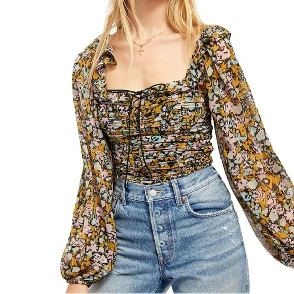 Free People Mabel Printed Blouse in Black Combo Size Small‎ Floral - Image 3