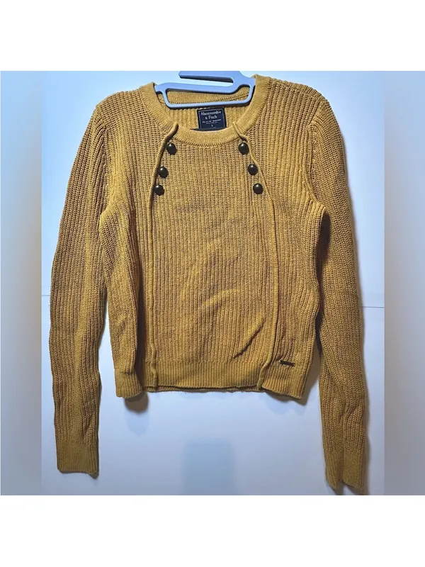 Abercrombie & Fitch Mustard Yellow Ribbed Crewneck Sweater with Button Detail - Image 3