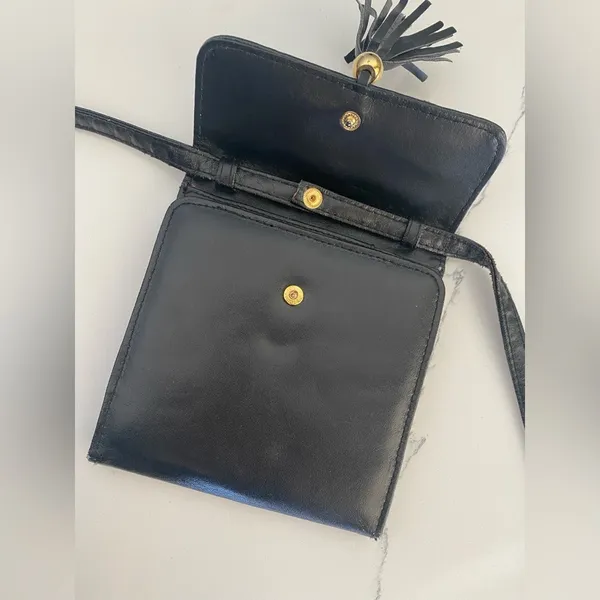 Vintage 80s-90s Faux Leather Black Small Crossbody Purse With Tassels - Image 3