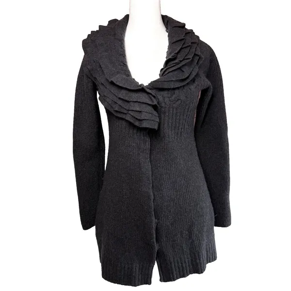 Tahari Long Cardigan Sweater Jacket 100% Merino Wool Size Small Gray Ruffle Snap - Image 2