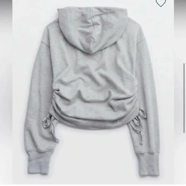 Aerie Hoodie Sweatshirt Oversized Cinch Side Ruched Pullover Grey Cropped XS NEW - Image 4