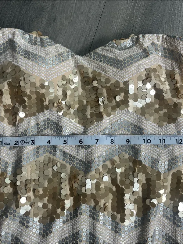As You Wish Gold Sequin Strapless Mini Dress Chevron Party Size Large - Image 11