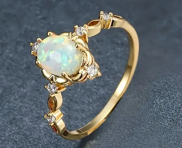 Iridescent Oval Cut Opal & Sparkling Cubic Zirconia Ring Size 7 - Image 3