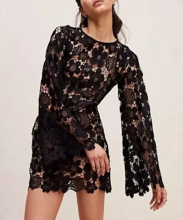 RUMER The Label Remi Mini Dress Black Crochet Floral Size L - Image 4