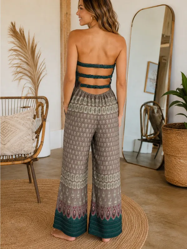 Audrey Boho Strapless Open Back Wide Leg Jumpsuit Green Taupe Print - Image 2