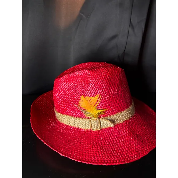 Red Straw Cowboy Hat‎ with Woven Band and Feather Accent Western Style Fedora - Image 2
