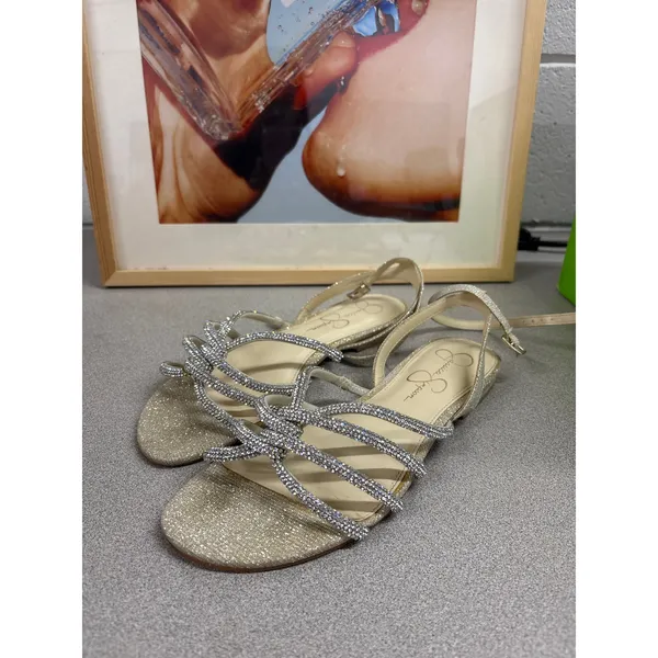 Jessica Simpson Sz 7 Champagne Silver Rajiv Rhinestone Embellished Flat Sandals - Image 2
