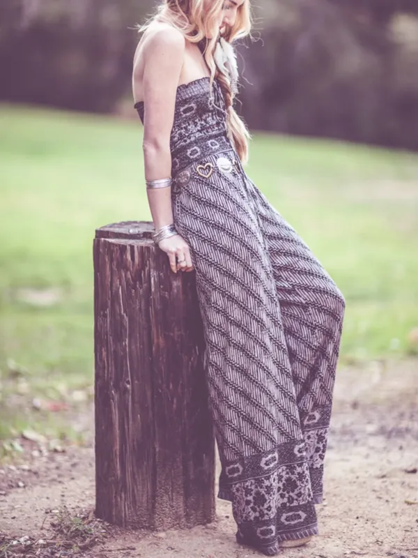 Free People Vintage Boho Jumpsuit Pantsuit Strapless Halter Medium Wide Leg - Image 11