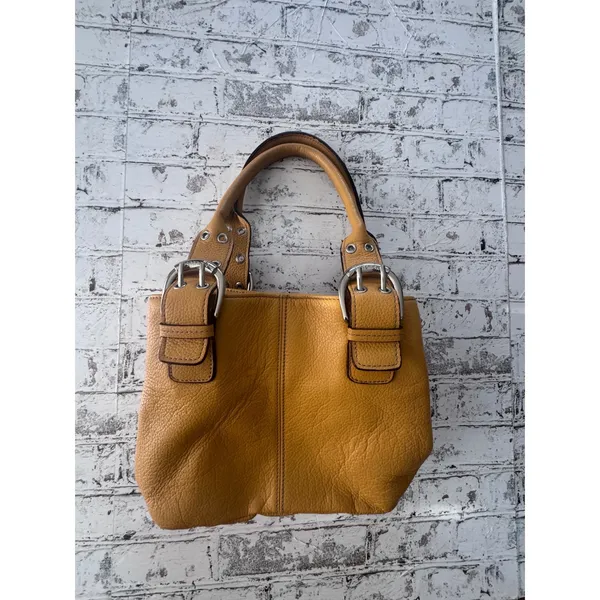 Tignanello Mustard Yellow Pebbled Leather Satchel Buckle Handbag Silver Hardware - Image 2