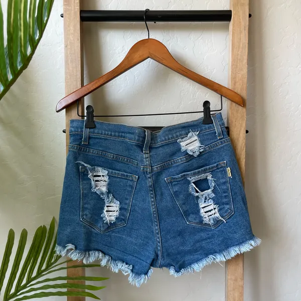 Vibrant Distressed High Rise Frayed Hem Jean Denim Shorts - Image 4