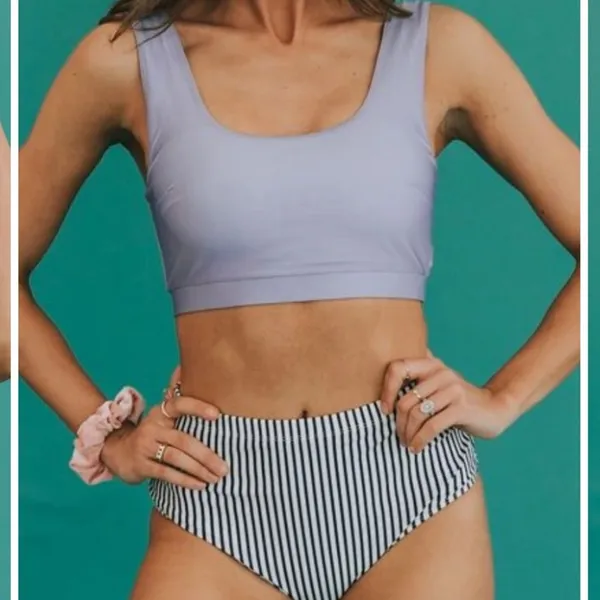 Blue Purple Bikini Set High Waist Striped Bottom Padded Swimwear M NWT - Image 3