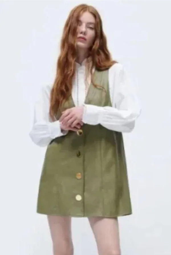 NEW ZARA Faux Leather Pinafore Dress Medium Sage Green Deep V Gold Buttons - Image 9
