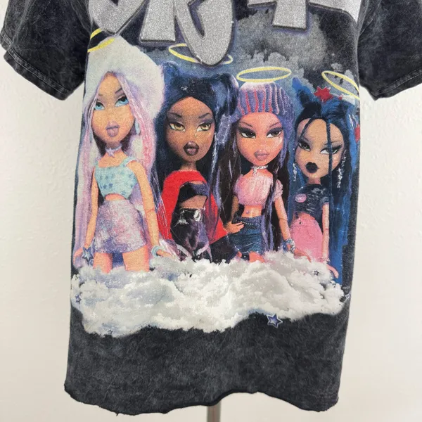 BRATZ Y2K Vibes Dark Grey Acid Wash Reworked Side Slit Angel Dolls Graphic Tee - Image 4