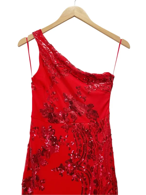 NWT Southern Fried Chics Gown Medium Red Sequin Floral One Shoulder Maxi Dress - Image 5